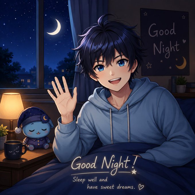 An anime-style illustration of a smiling boy in a blue hoodie waving, with text reading 'Good Night! Sleep well and have sweet dreams' next to a window showing a crescent moon.
