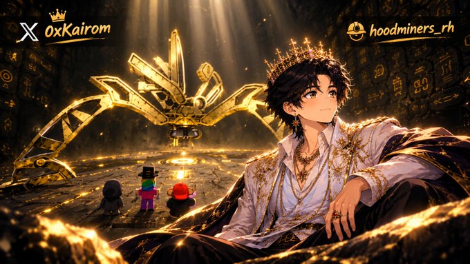 An anime-style illustration featuring a golden-crowned figure alongside a treasure chest and small character figurines, overlaid with the handles "@OxKairom" and "@hoodminers_rh," promoting a FCFS giveaway requiring follows to @hoodminers_rh and @JunglCorp along with a post like, retweet, and "Done" comment.