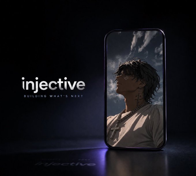 A smartphone displays an anime-style illustration of a dark-haired figure with a cross necklace against a cloudy sky, with the 'injective' logo and tagline 'BUILDING WHAT'S NEXT' on a dark background.