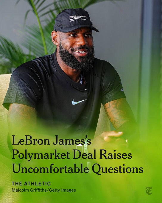 LeBron James, shown smiling and wearing a black Nike shirt and cap, is featured in a New York Times article headline reading "LeBron James's Polymarket Deal Raises Uncomfortable Questions." The image accompanies a report on his lucrative endorsement deal with the Polymarket prediction market platform, which reportedly pays him nearly four times his NBA playing salary.