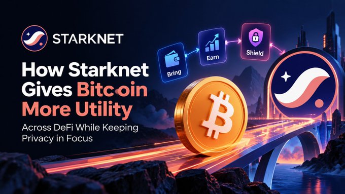 Promotional graphic titled 'How Starknet Gives Bitcoin More Utility Across DeFi While Keeping Privacy in Focus' showing icons for Bring, Earn, and Shield with a Bitcoin coin.