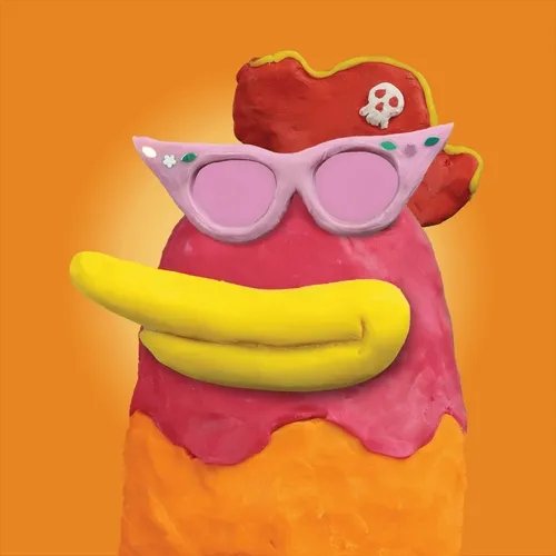 A whimsical claymation-style ice cream cone character wears pink cat-eye sunglasses with rhinestones and a small hat adorned with a skull, set against a bright orange background.