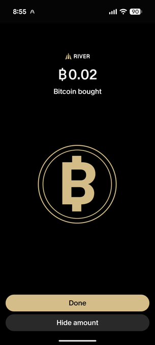 A mobile app screenshot from 'RIVER' showing a Bitcoin purchase confirmation of Ð0.02 with a large Bitcoin logo, featuring 'Done' and 'Hide amount' buttons.