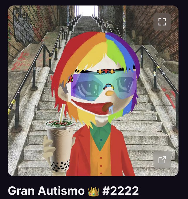 A digital illustration of a character with rainbow hair and large sunglasses holding a bubble tea, set against a backdrop of urban stairs, with the text 'Gran Autismo 👑 #2222' at the bottom.