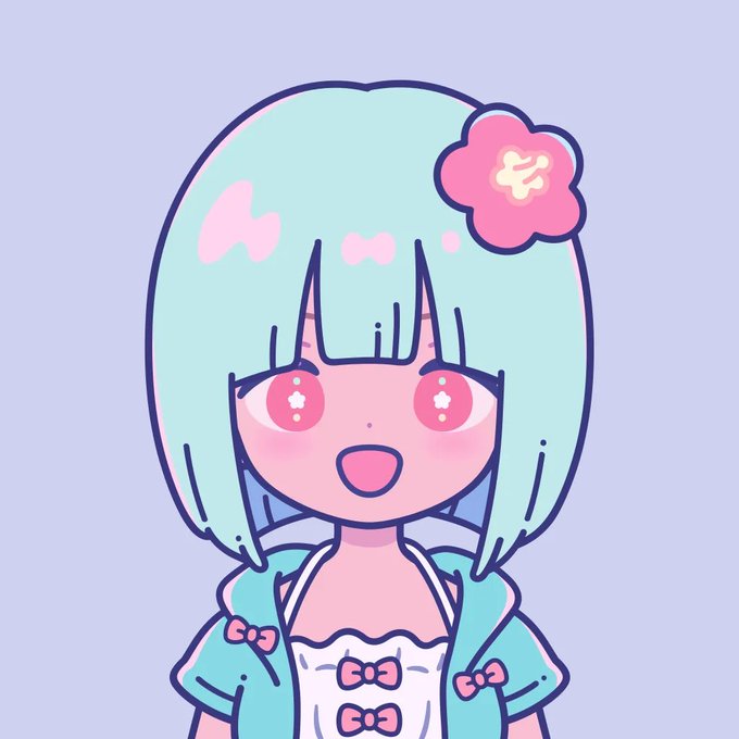 A cute anime-style illustration of a girl with mint green hair, pink eyes, and a pink flower accessory, wearing a teal and white outfit with bows.