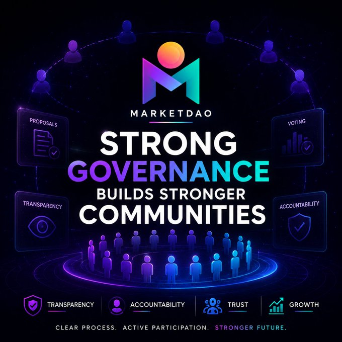 A promotional graphic for MarketDAO features a glowing "M" logo and the bold headline "STRONG GOVERNANCE BUILDS STRONGER COMMUNITIES," surrounded by icons representing Proposals, Voting, Transparency, and Accountability, with a group of stylized human figures standing on a circular platform below. The image visually reinforces the post's message by illustrating how structured governance—through transparency, accountability, and active participation—creates the foundation for trustworthy and thriving decentralized communities.