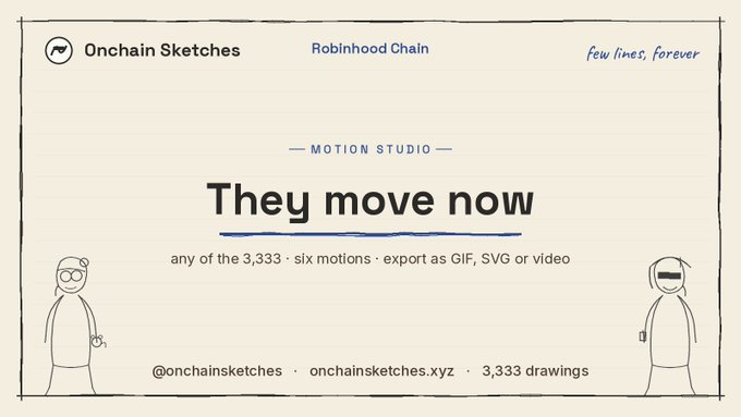 Promotional banner for Onchain Sketches on Robinhood Chain featuring a Motion Studio announcement with text 'They move now' and 'any of the 3,333 · six motions · export as GIF, SVG or video', alongside doodle characters.