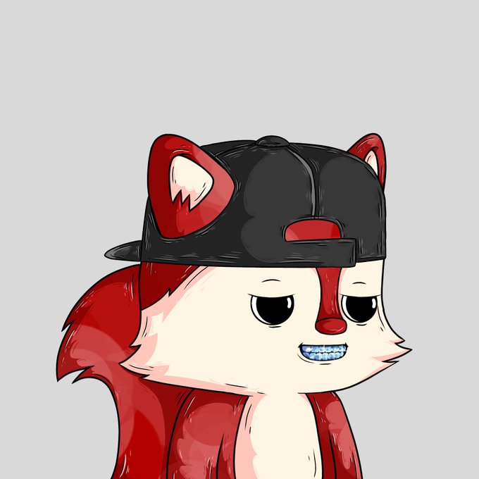 A digital illustration of a red and white anthropomorphic fox-like character wearing a black cap backwards, with a blue grill over its teeth.