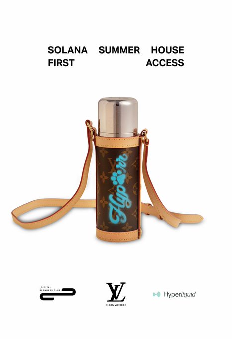 A promotional image for 'Hyper' featuring a Louis Vuitton monogram tumbler with a teal 'Hyper' logo, advertising 'SOLANA SUMMER HOUSE ACCESS' with logos for Digital Residences Club, Louis Vuitton, and Hyperliquid.
