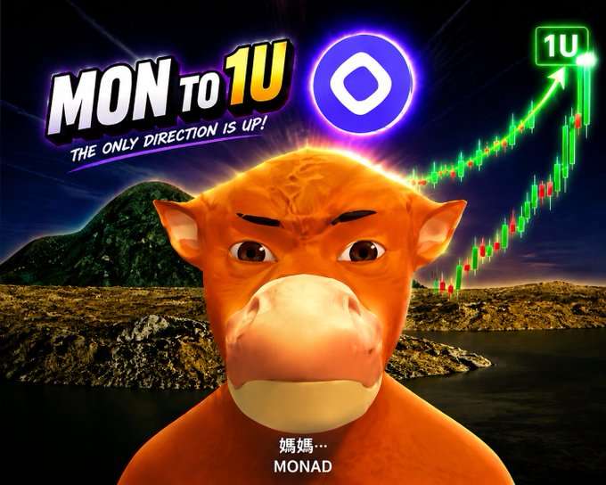 A 3D-rendered orange monkey face with the text 'MON TO 1U' and 'THE ONLY DIRECTION IS UP!' alongside a stock chart showing an upward trend to '1U', with Chinese subtitle '媽媽...'.
