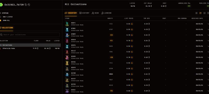 A screenshot of a dark-themed NFT marketplace interface, possibly OpenSea, showing a list of 'Ethereum Node' items in the 'All Collections' tab with various prices in ETH.
