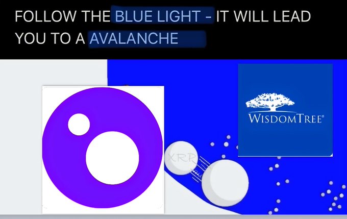 The image shows a graphic with the headline "FOLLOW THE BLUE LIGHT - IT WILL LEAD YOU TO A AVALANCHE" alongside the Polygon's purple logo, a stylized XRP/Ripple coin being hit by a blue light beam, and the WisdomTree logo, visually reinforcing the post's message about the interconnected relationship between WisdomTree, Ripple (XRP), and broader blockchain ecosystems.