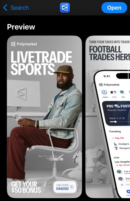 The image shows a promotional preview for a Polymarket app campaign featuring LeBron James, with the text "LIVETRADE SPORTS" and "GET YOUR $50 BONUS" alongside a phone screenshot displaying MLB game trading options.

This visual supports the post's intrigue about the partnership—showing it's a full app-integrated promotional campaign rather than a simple endorsement, emphasizing sports prediction markets like "PRO FOOTBALL" and MLB matchups like "Dodgers" vs "Rangers."