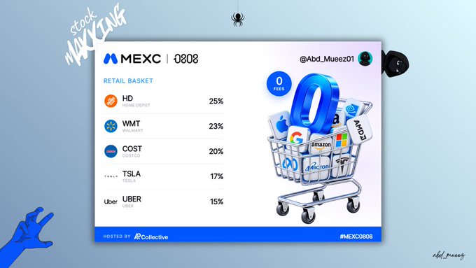 A MEXC '0808' market index poster displaying a 'RETAIL BASKET' of stocks (HD 25%, WMT 23%, COST 20%, TSLA 17%, UBER 15%) alongside a shopping cart filled with tech brand logos and a large blue '0' badge.