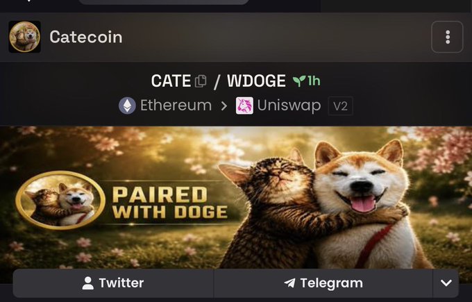 A screenshot of Dexscreener showing the Catecoin (CATE/WDOGE) trading pair on Ethereum via Uniswap V2, featuring a promotional banner of a cat and dog hugging with the text "PAIRED WITH DOGE," along with Twitter and Telegram links at the bottom. The image directly supports the post announcing the Dexscreener update and inviting users to join the Catecoin Telegram channel.