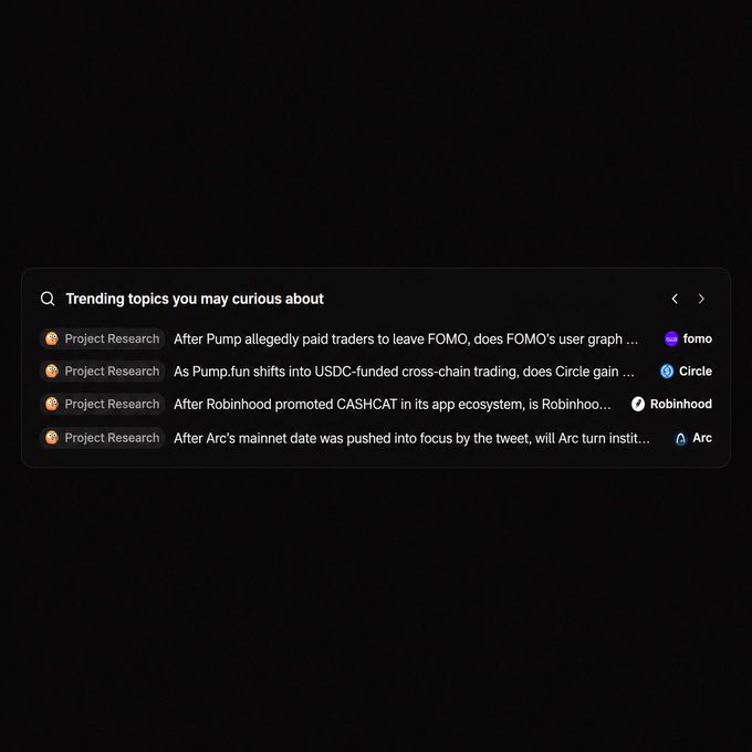 A dark-themed interface displays a "Trending topics you may curious about" section featuring crypto-related news items tagged as "Project Research," including headlines about Pump/FOMO, Pump.fun/Circle, Robinhood, and Arc. The post humorously asks about favorite methods for spotting trending crypto topics, playfully excluding Grok For You News, with this image showcasing one such discovery tool that surfaces trending crypto news.