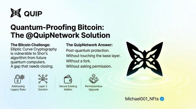 An infographic titled 'Quantum-Proofing Bitcoin: The @QuipNetwork Solution' by Michael001_NFTs, contrasting the Bitcoin challenge (ECC vulnerability to Shor's algorithm) with QuipNetwork's Layer 2, permissionless post-quantum protection, noting it secures existing wallets and addresses legacy risks.