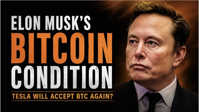 A thumbnail featuring Elon Musk beside text reading 'ELON MUSK'S BITCOIN CONDITION' and 'TESLA WILL ACCEPT BTC AGAIN?'.