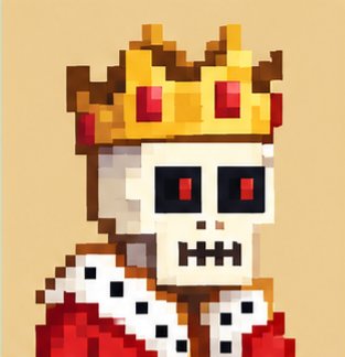 A pixel art illustration of a skeleton king wearing a gold crown with red gems and a red royal cape.