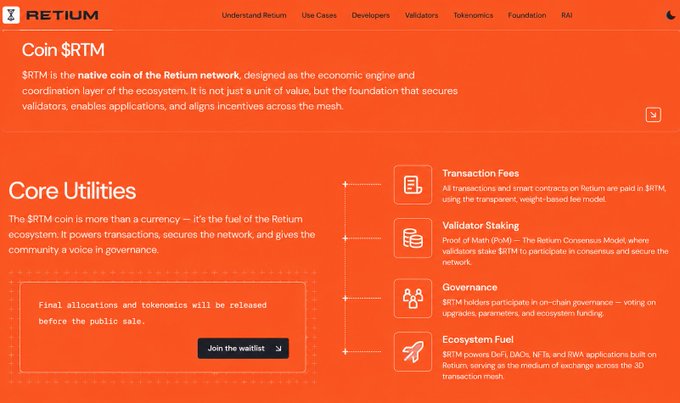 An orange-themed informational graphic from Retium detailing the "Core Utilities" of its native coin $RTM, listing four key functions: Transaction Fees, Validator Staking (Proof of Mesh, PoM), Governance, and Ecosystem Fuel (DeFi/DAOs/NFTs/RWA), with a note that final allocations will be released before the public sale. The post emphasizes $RTM as the lifeblood of the Retium network, and the image visually breaks down those exact utilities—gas payments, validator staking, governance voting, and powering dApps—reinforcing the claim that $RTM is the engine of the Retium ecosystem.