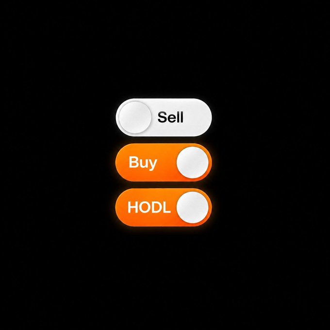 A simple iOS-style toggle switch widget on a black background showing three options: 'Sell' (toggled off) and 'Buy' and 'HODL' (both toggled on and glowing orange).