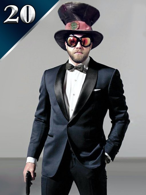 The image shows a trading card labeled "20" in the upper left corner, featuring a man in a black tuxedo with bowtie, a tall top hat with a red band, aviator sunglasses, and a pistol. This serves as the "Historical Card" for @MadBitcoins, the Curio co-founder whose crypto YouTube channel covering Bitcoin since 2013 is being supported through the Patreon-style Ethereum model.