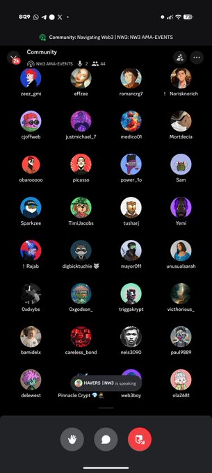 A Discord voice channel screenshot from the "NW3 AMA-EVENTS" community showing 44 participants, including "NAVE3 | NW3 is speaking" in the speaker banner, matching the post about an AMA session where a speaker discussed value creation, connections, and their product Landrr_ai.