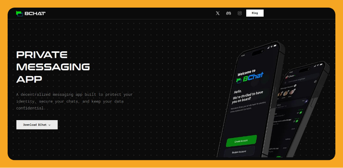 A promotional landing page for 'BChat', described as a 'PRIVATE MESSAGING APP' that is decentralized to protect identity and keep chats confidential, featuring images of smartphones showing the app's interface.