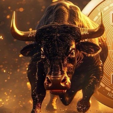 A powerful golden bull charges forward against a backdrop of a large Bitcoin coin, symbolizing the bullish momentum of Strategy (formerly MicroStrategy)'s massive Bitcoin accumulation of 23,156 BTC worth over $143 million. The image visually reinforces the post's "HUGEE" and "MASSIVEEE" exclamations about the company's growing status as a major corporate Bitcoin holder.