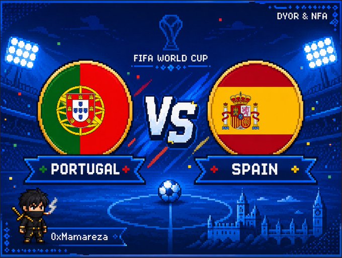 A FIFA World Cup matchup graphic featuring Portugal vs Spain, with national flags and team names displayed against a blue stadium background, credited to 0xMamareza.