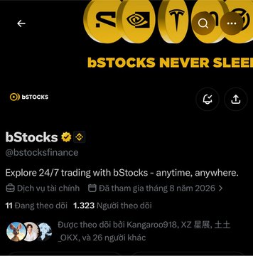 A screenshot of the bStocks Twitter/X profile (@bstocksfinance) with the tagline 'bSTOCKS NEVER SLEEP' and text about 24/7 trading.