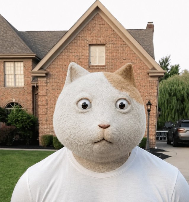 A surreal digitally edited image showing a large, round cat face superimposed on a person's body wearing a white t-shirt, standing in front of a brick house.