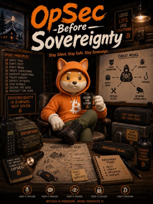 A digital poster titled 'OpSec Before Sovereignty' featuring an anthropomorphic fox character in an orange Bitcoin hoodie, surrounded by text including 'Stay Silent. Stay Safe. Stay Sovereign.', 'OPSEC PRINCIPLES', and 'BITCOIN IS FREEDOM. OPSEC PROTECTS IT.'