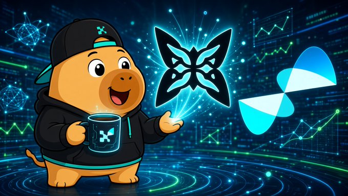 A digital illustration featuring a cartoon cow mascot wearing a black cap and hoodie holding a mug, standing next to glowing butterfly and abstract logos against a high-tech blue background with financial charts.