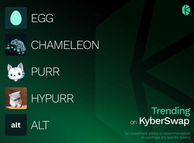 A KyberSwap promotional image listing trending tokens: EGG, CHAMELEON, PURR, HYPURR, and ALT, with a disclaimer 'No investment advice or recommendation to purchase any specific tokens'.