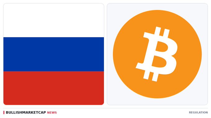 Two side-by-side images showing the Russian flag and the orange Bitcoin logo, with a footer reading 'BULLISHMARKETCAP NEWS' and 'REGULATION'.