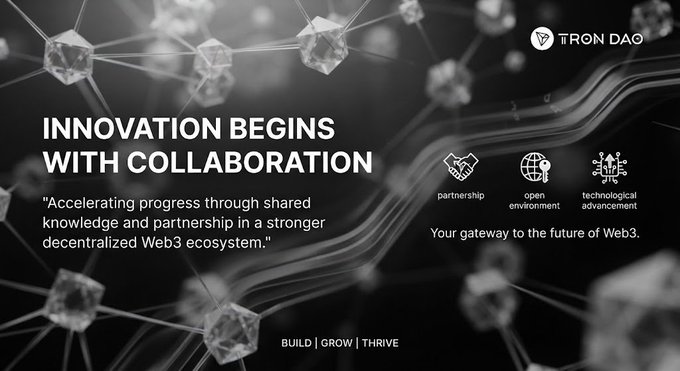 A digital banner for 'TRON DAO' stating 'INNOVATION BEGINS WITH COLLABORATION', featuring icons for 'partnership', 'open environment', and 'technological advancement' with the tagline 'BUILD | GROW | THRIVE'.