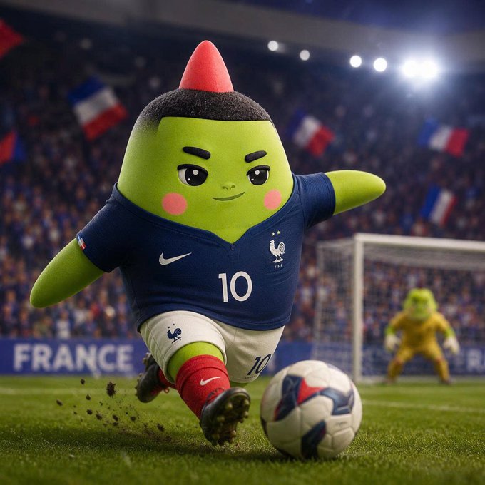 A green mascot character wearing a blue France national team jersey with number 10 kicks a soccer ball in a stadium with French flags in the background.
