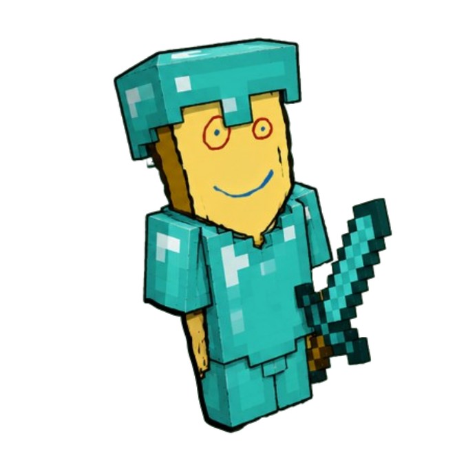 A Minecraft-style cartoon character wearing diamond armor and holding a diamond sword, with an exaggerated surprised facial expression.