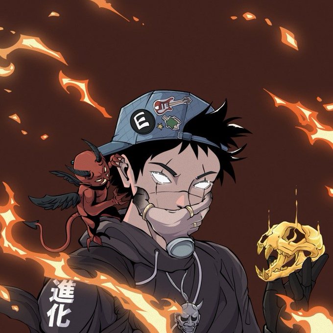 Anime-style illustration of a character in an 'E' cap covering their mouth with a hand, a small red devil on their shoulder, surrounded by flames and holding a golden skull.