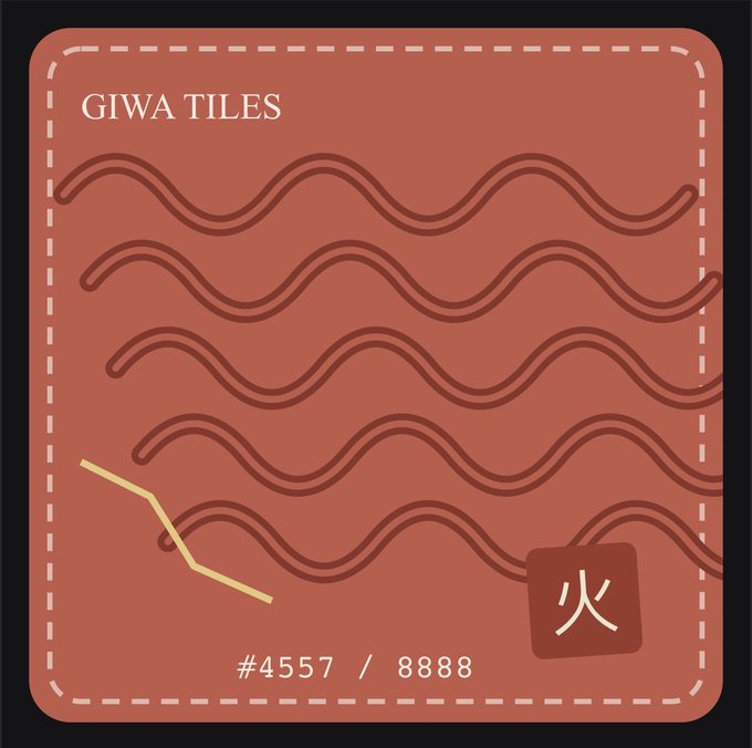 A digital trading card titled 'GIWA TILES' featuring wavy line patterns on a reddish-brown background, numbered #4557 / 8888, with a fire (火) icon.