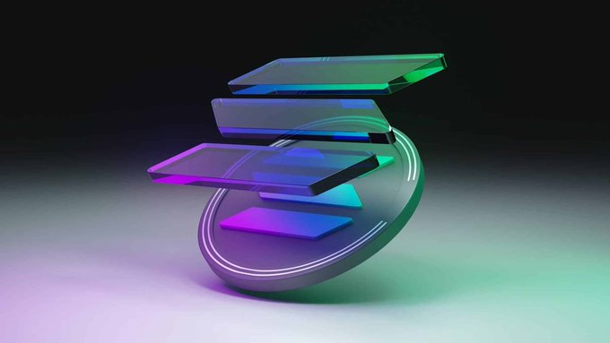 The image depicts the 3D Solana logo, featuring stacked glowing translucent bars in purple, blue, and green hues arranged in a spiral formation on a dark background. It relates to the post about the Solana Foundation expanding its leadership team with senior executive hires to accelerate ecosystem growth and institutional adoption across Asia.