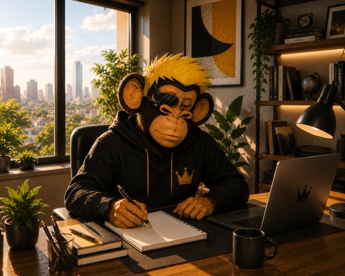 A 3D-rendered image of a monkey character wearing sunglasses and a black hoodie, working at a desk with a laptop in a sunlit room with a city view.