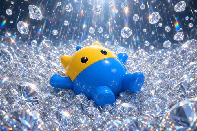 A 3D-rendered cute character with a yellow cat-like head and blue rounded body sitting among sparkling crystals and falling diamonds against a glittering background.