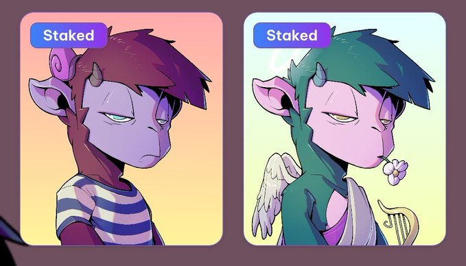 Two animated character portraits labeled 'Staked' show purple-skinned figures with horns—one in a striped shirt with a pink background, the other with wings holding a flower on a green background.