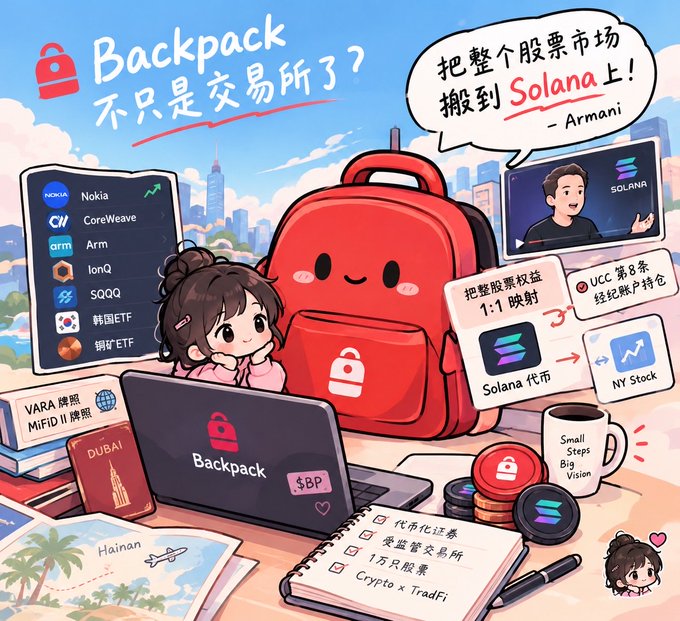 A colorful illustrated advertisement for 'Backpack' featuring a smiling red backpack, various company logos (Nokia, CoreWeave, Arm, IonQ, SQQQ, 韩国ETF, 铜矿ETF), and text about bringing the stock market to Solana.