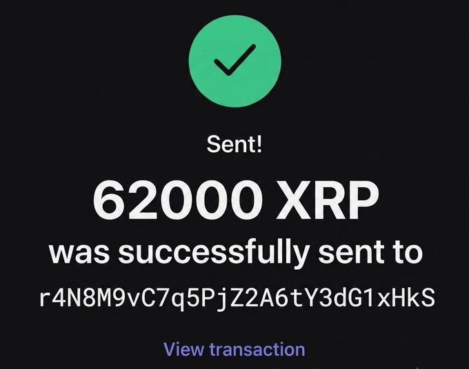 The image shows a green checkmark with the number "62,000 XPR" written below it. The text in the image suggests that someone sent $62,000 to another person who has never won an XPR before.