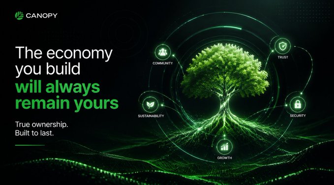 A Canopy promotional graphic with the tagline 'The economy you build will always remain yours - True ownership. Built to last,' featuring a glowing green tree with icons for community, trust, sustainability, security, and growth.