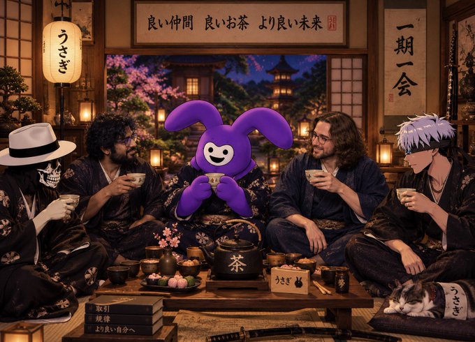 A digital illustration showing a diverse group of anime, video game, and realistic characters in traditional Japanese clothing having a tea ceremony in a room with Japanese text on the walls.