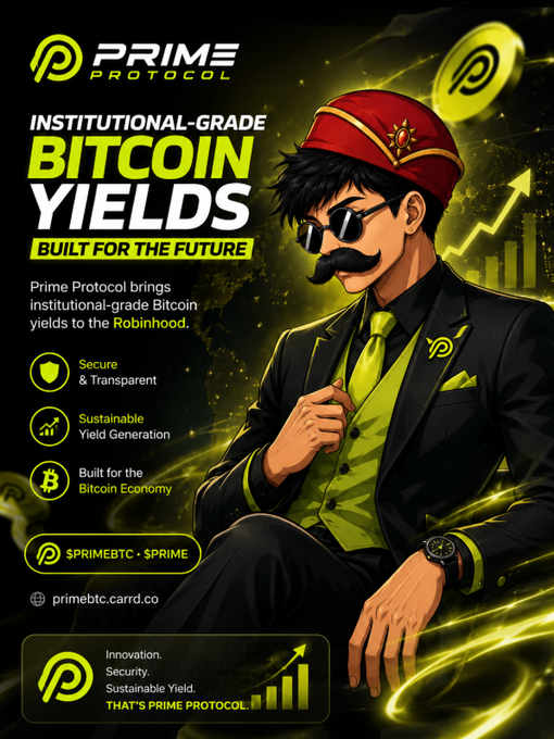 An advertisement for Prime Protocol featuring an anime-style character with a red fez and mustache, promoting 'Institutional-Grade Bitcoin Yields Built for the Future' with secure, transparent, and sustainable features.